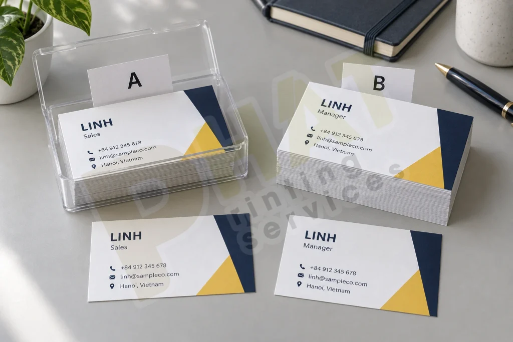 In Lại Danh Thiếp Khi Đổi Thông Tin: Chốt Bản Mới Và Quản Lý Tồn Cũ 1 Các chồng danh thiếp LINH với chức danh Sales và Manager được chia nhóm A và B