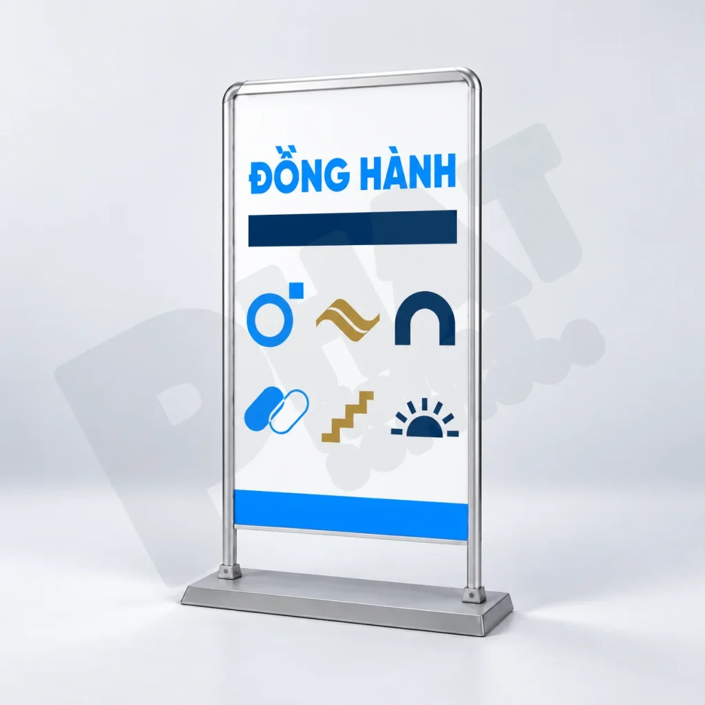 In standee nhà tài trợ sự kiện: quản lý logo và phiên bản được duyệt 1 In standee nhà tài trợ minh họa nhóm nhận diện trên khung nhôm