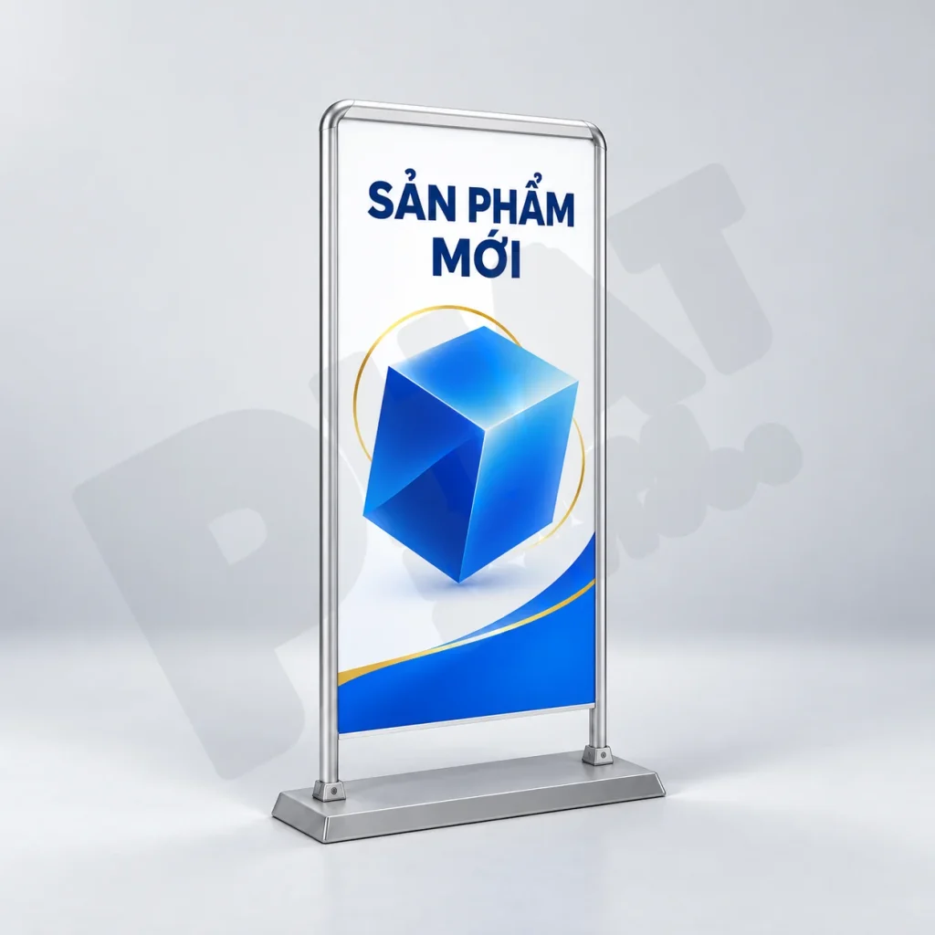 Standee khung nhôm minh họa nội dung ra mắt sản phẩm mới