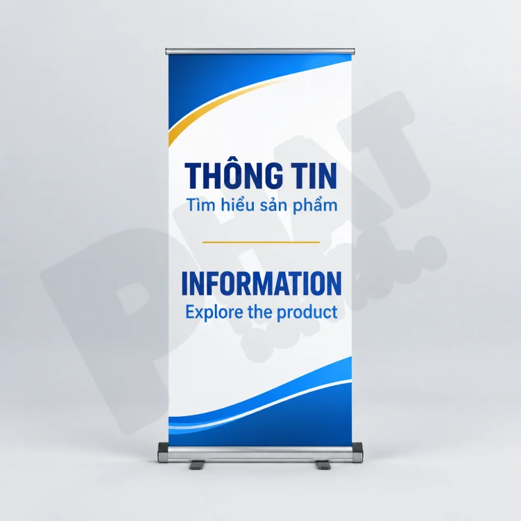 Standee hộp cuốn minh họa hai khối đọc Việt và Anh trên cùng mặt in