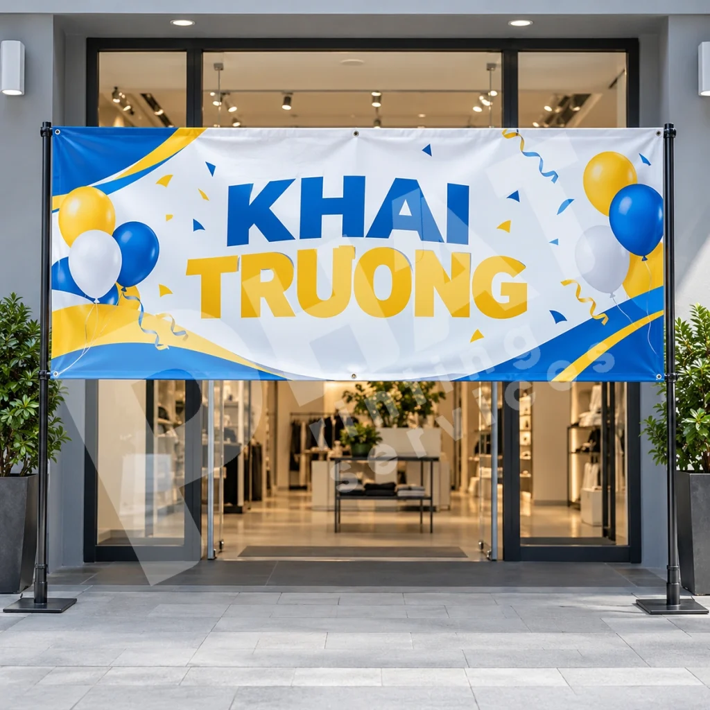 Banner KHAI TRƯƠNG căng trên hai trụ trước cửa hàng