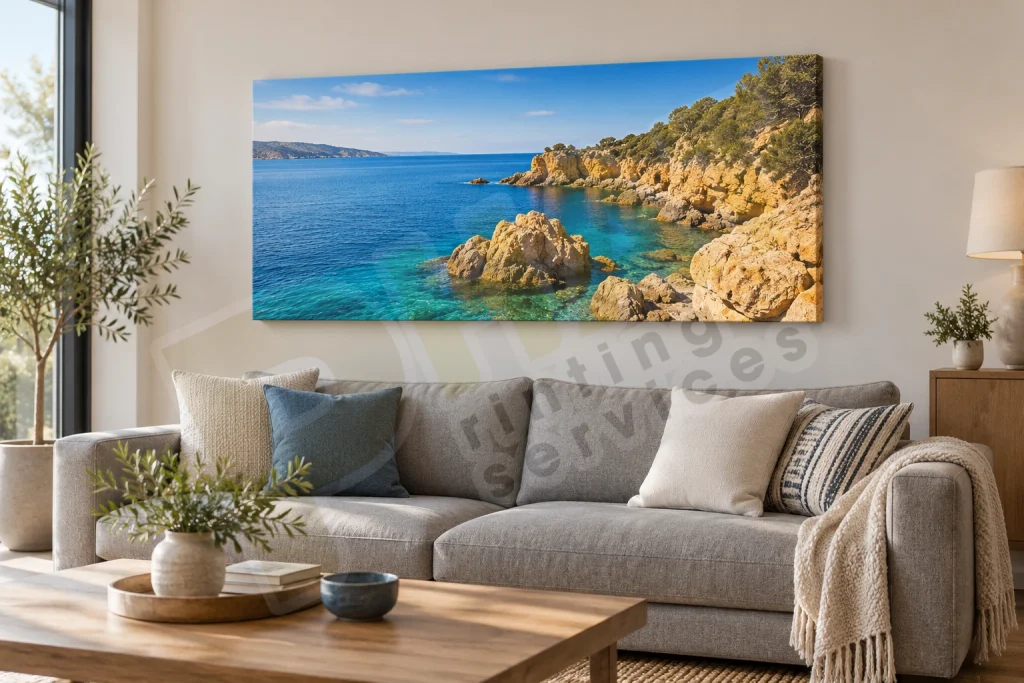 Chọn Kích Thước Tranh Canvas Theo Ảnh Gốc Và Vị Trí Treo 1 Tranh Canvas phong cảnh biển treo trên sofa xám, nhìn rõ ranh giới tranh và vùng tường
