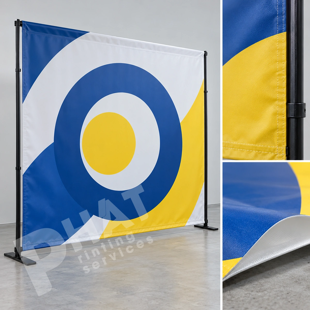 Logo Tài Trợ Trên Backdrop: Kích Thước Và Vùng Xuất Hiện 3 Ảnh render minh họa backdrop có biểu tượng tròn xanh vàng và hai ô cận đường may, bề mặt tấm in