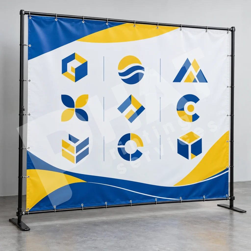 Logo Tài Trợ Trên Backdrop: Kích Thước Và Vùng Xuất Hiện 1 Ảnh render minh họa backdrop nền trắng với chín biểu tượng hình học xanh vàng xếp thành ba hàng