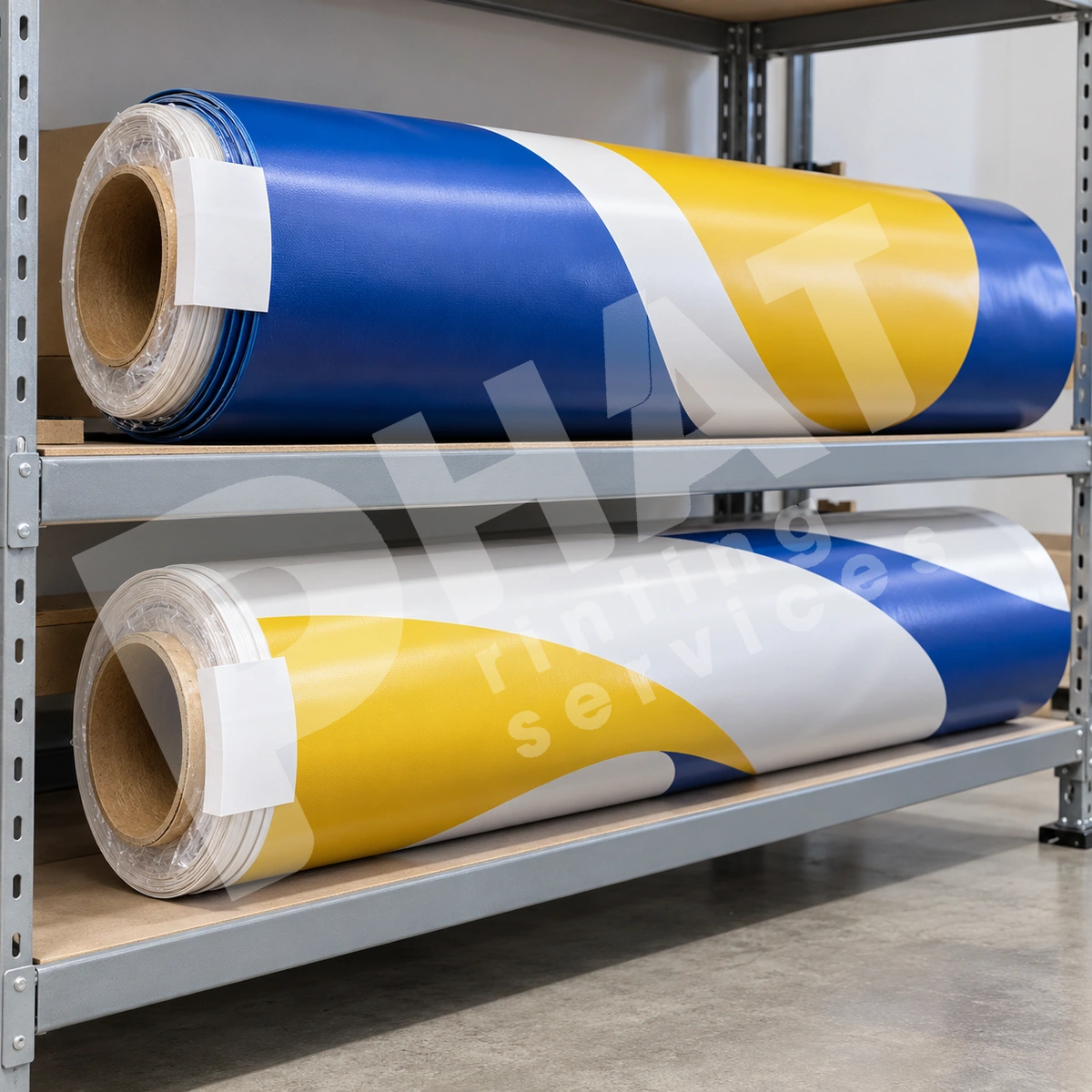 Hai cuộn banner xanh vàng trắng đặt trên kệ, có lõi giấy và nhãn trắng ghi thông tin