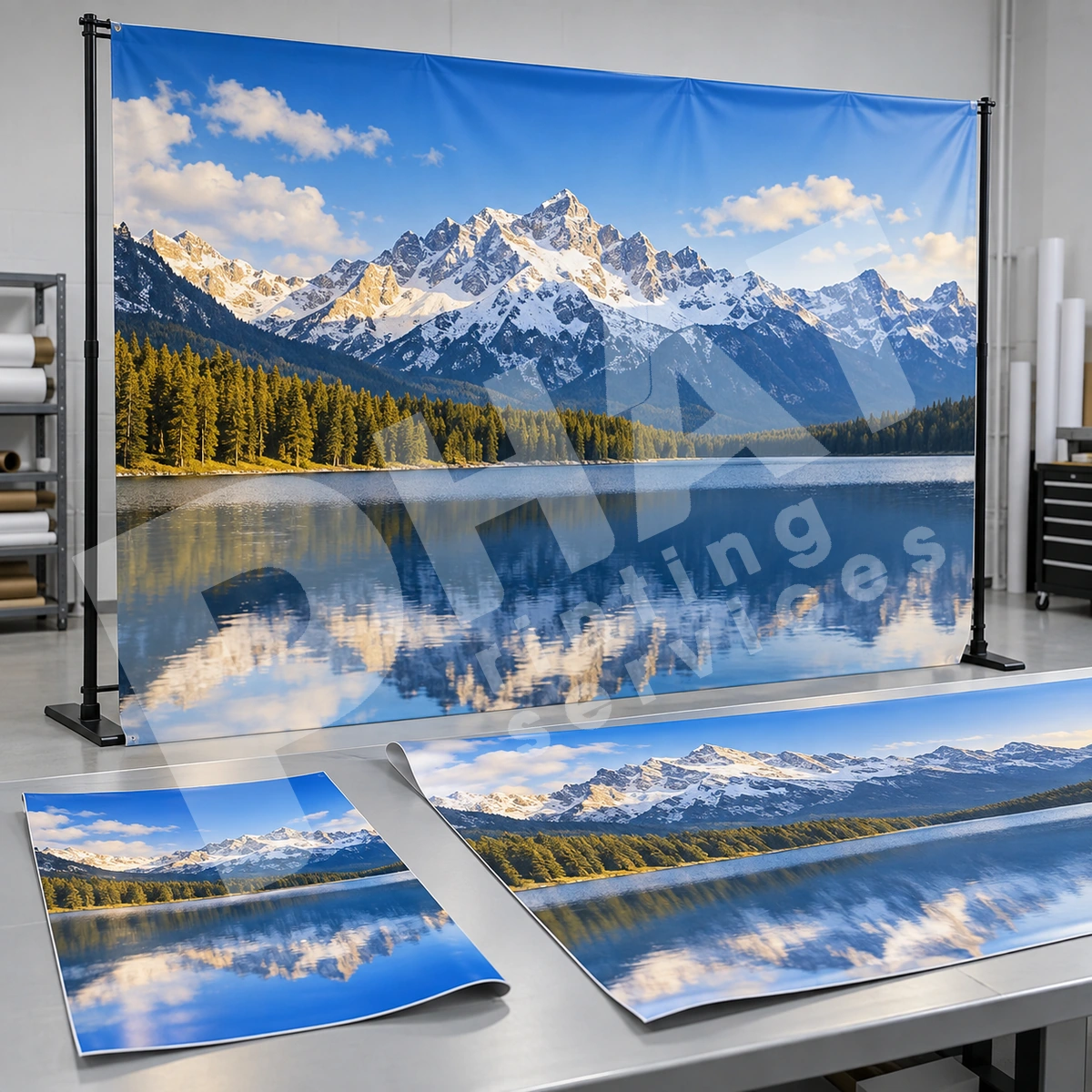 Ảnh render minh họa backdrop in phong cảnh núi và hồ trên khung, kèm hai tấm in đặt trên bàn