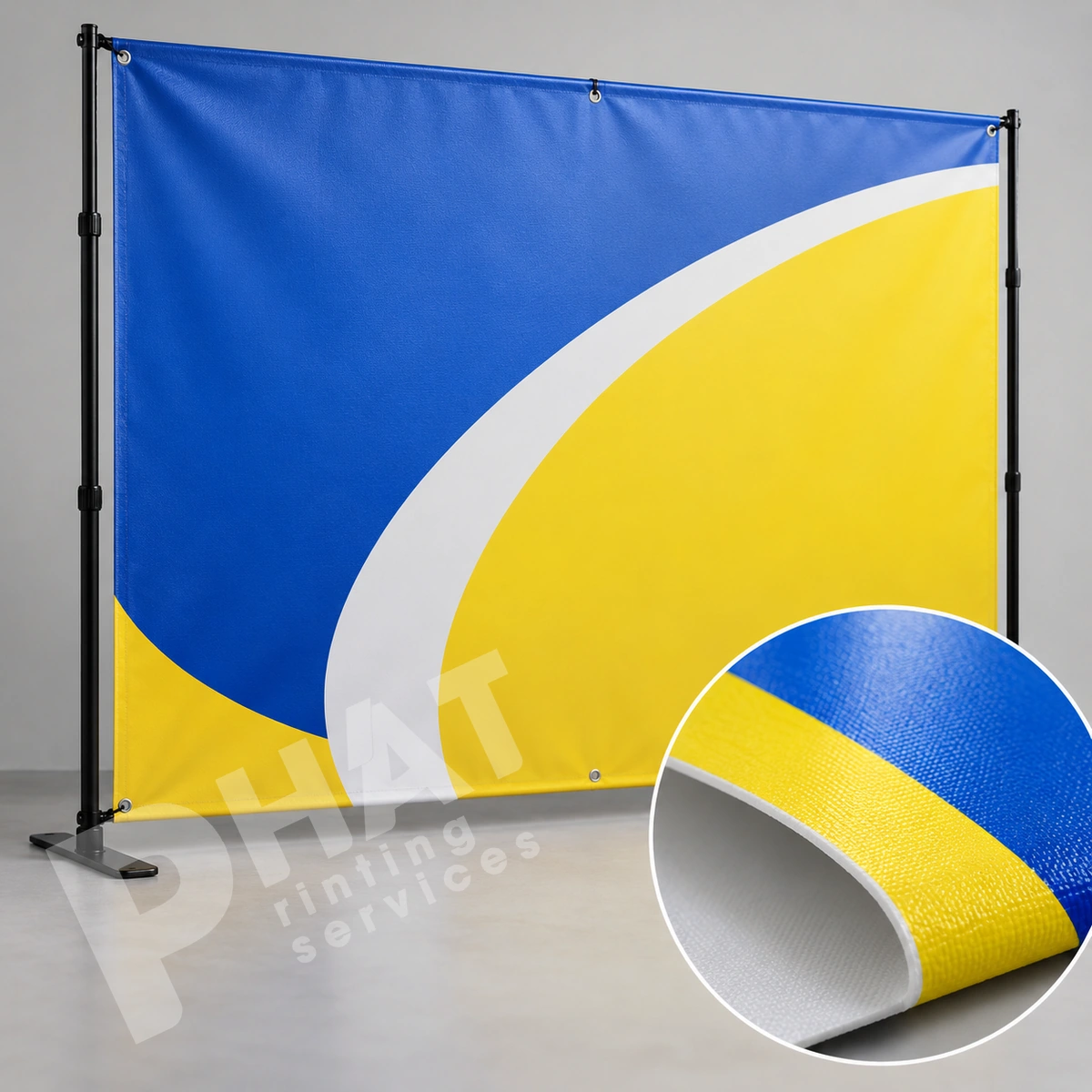 Ảnh render minh họa backdrop xanh vàng trên khung và ô phóng đại bề mặt tấm in uốn cong