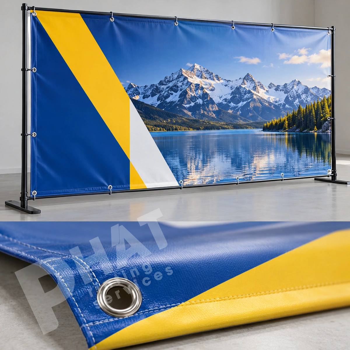 Nghiệm Thu Backdrop Thành Phẩm Trước Sự Kiện 3 Ảnh render minh họa backdrop phong cảnh núi hồ và ô cận khoen kim loại, đường may ở góc tấm