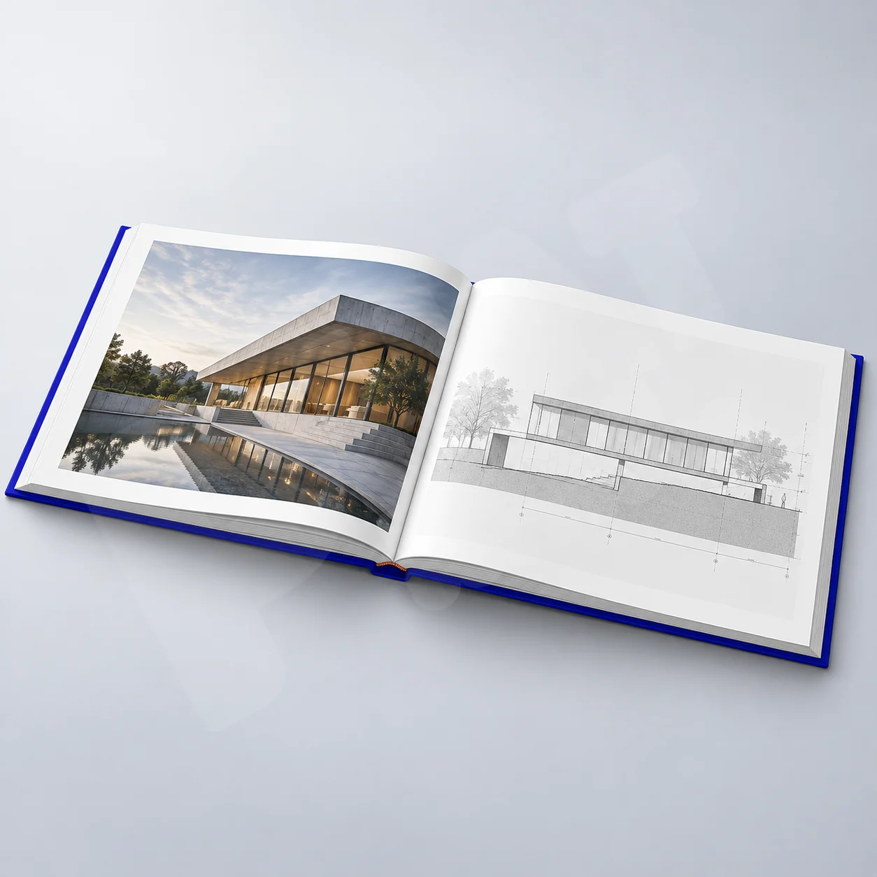 Minh họa artbook đồ án mở phẳng với phối cảnh và bản vẽ kiến trúc
