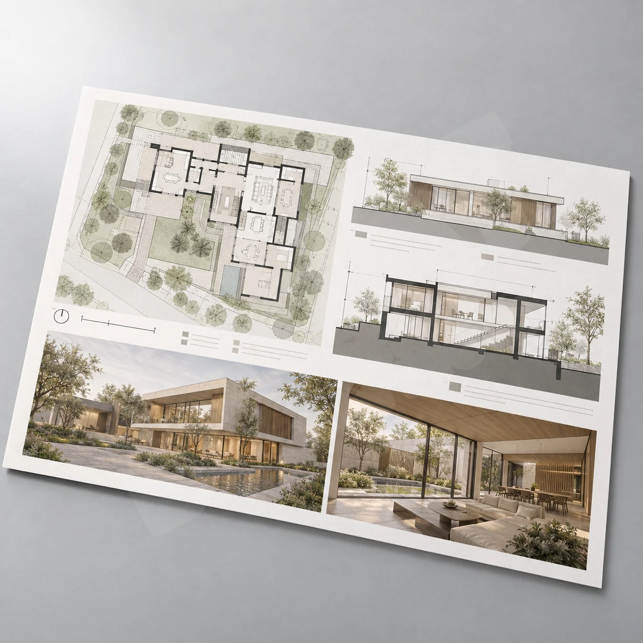 In Đồ Án Kiến Trúc 6 Minh họa bộ bản vẽ đồ án kiến trúc với mặt bằng và phối cảnh in trên giấy