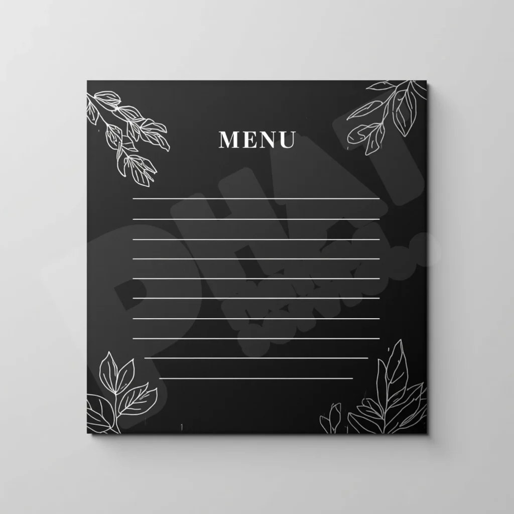 Ảnh minh họa in menu giấy đen mực trắng với họa tiết lá và watermark PHAT