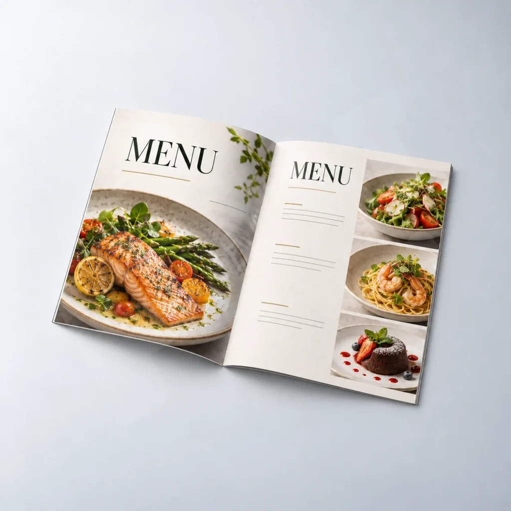 In Nhanh Menu là gì? 1 Render minh họa in nhanh menu dạng cuốn mở với hình món ăn và bố cục thực đơn