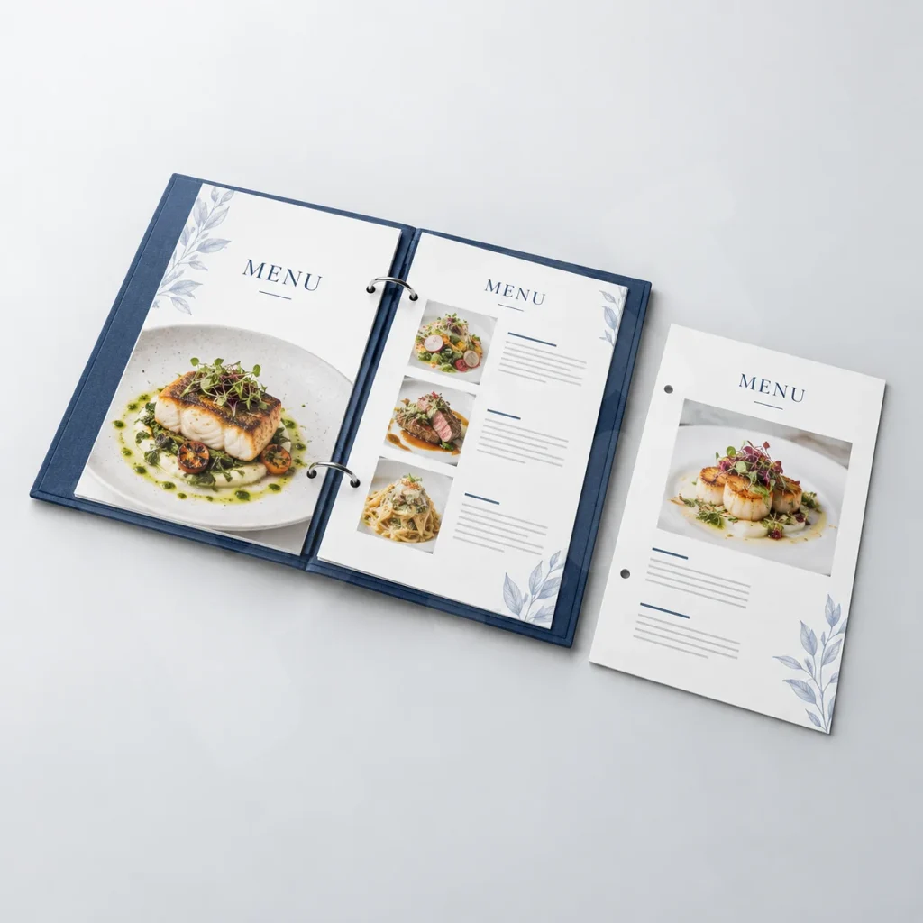 Thay Ruột Menu: 8 Bước Cập Nhật Giá Món Và Kiểm Tra Bìa 1 Render minh họa thay ruột menu với bìa khoen mở và tờ ruột rời có lỗ tương thích