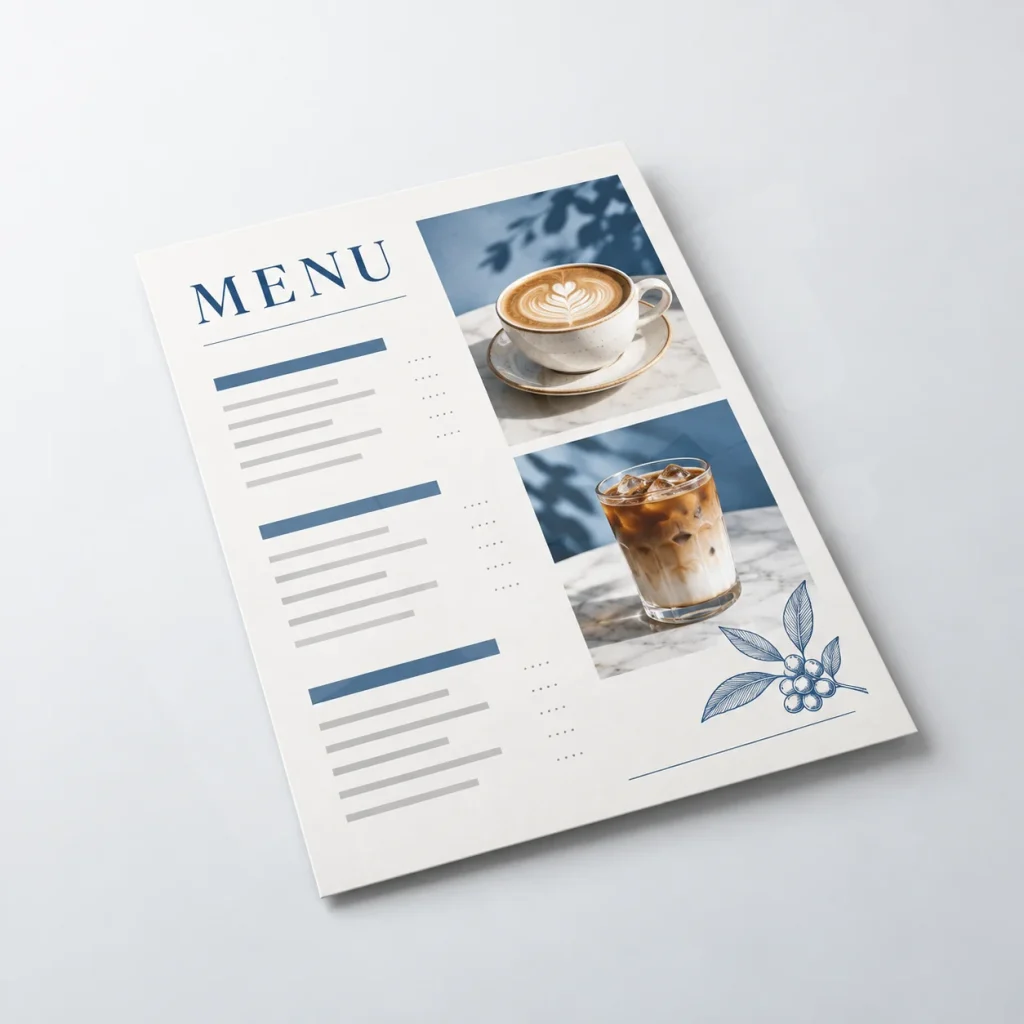 Render minh họa thiết kế menu quán cafe với nhóm món rõ và hình cà phê