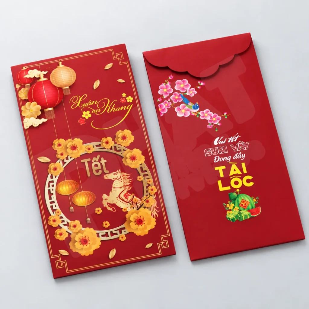Mặt trước và mặt sau bao lì xì đỏ cán mờ minh họa quy cách cần đối chiếu khi hỏi giá