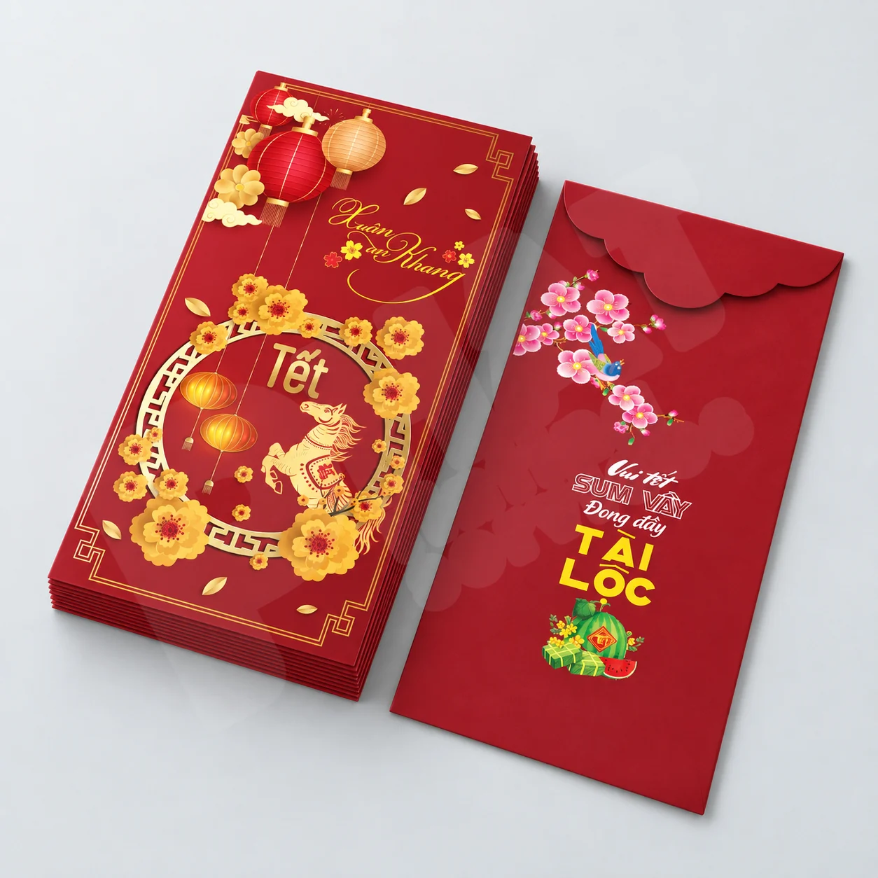 Chồng bao lì xì cán mờ và mặt sau minh họa thành phẩm cần thống nhất trong báo giá