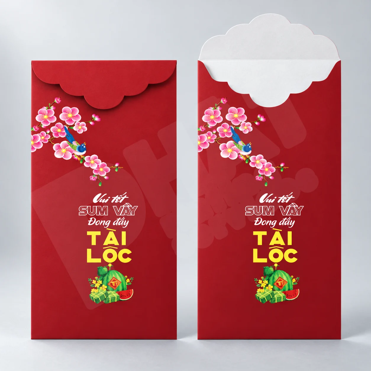 Kích thước bao lì xì: hai trạng thái đóng và mở nắp minh họa cấu tạo sau gấp