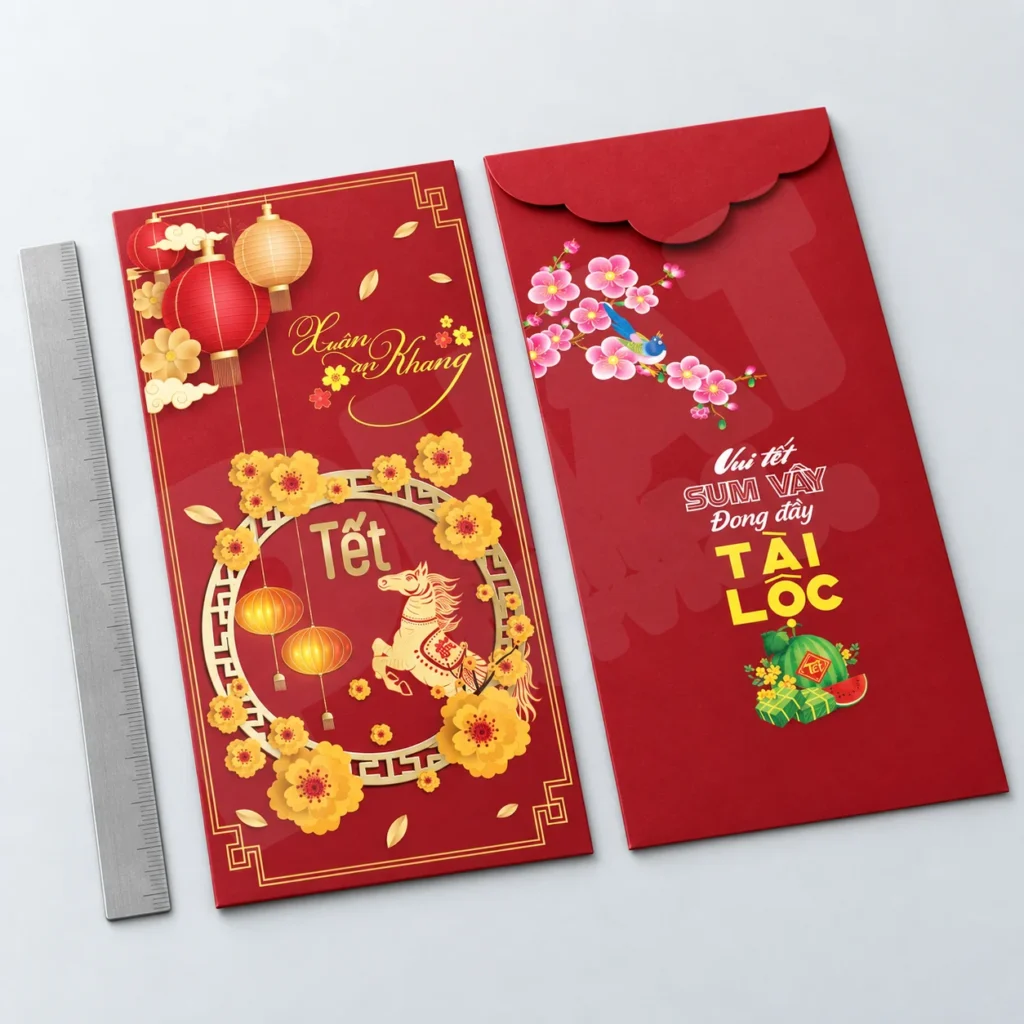 Bao lì xì mặt trước và mặt sau cùng dụng cụ thẳng minh họa cách đo mẫu thành phẩm