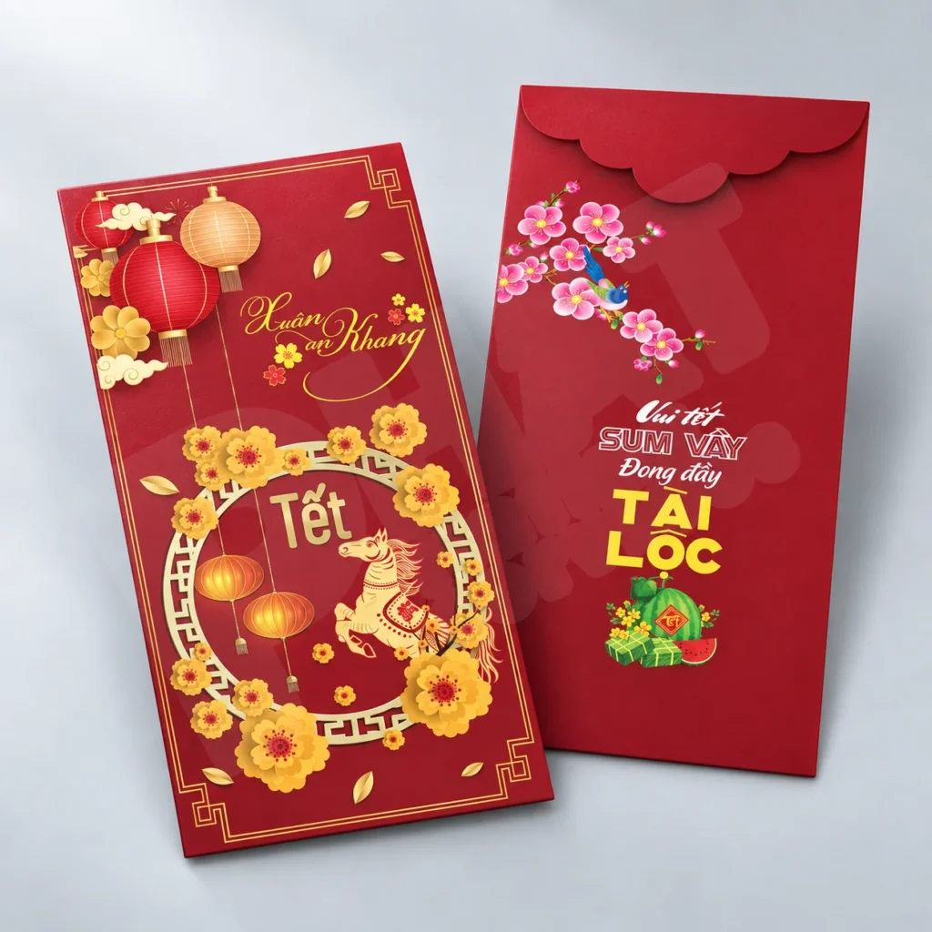 Bao lì xì Couche cán mờ nhìn trọn mặt trước và mặt sau, ảnh render minh họa vật liệu