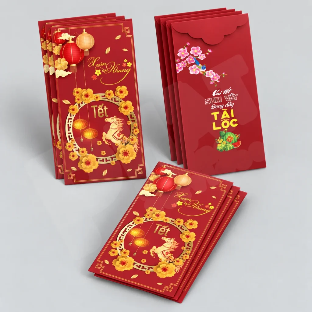 Bao lì xì mặt trước và mặt sau trên nền studio xám — minh họa in bao lì xì nhiều mẫu