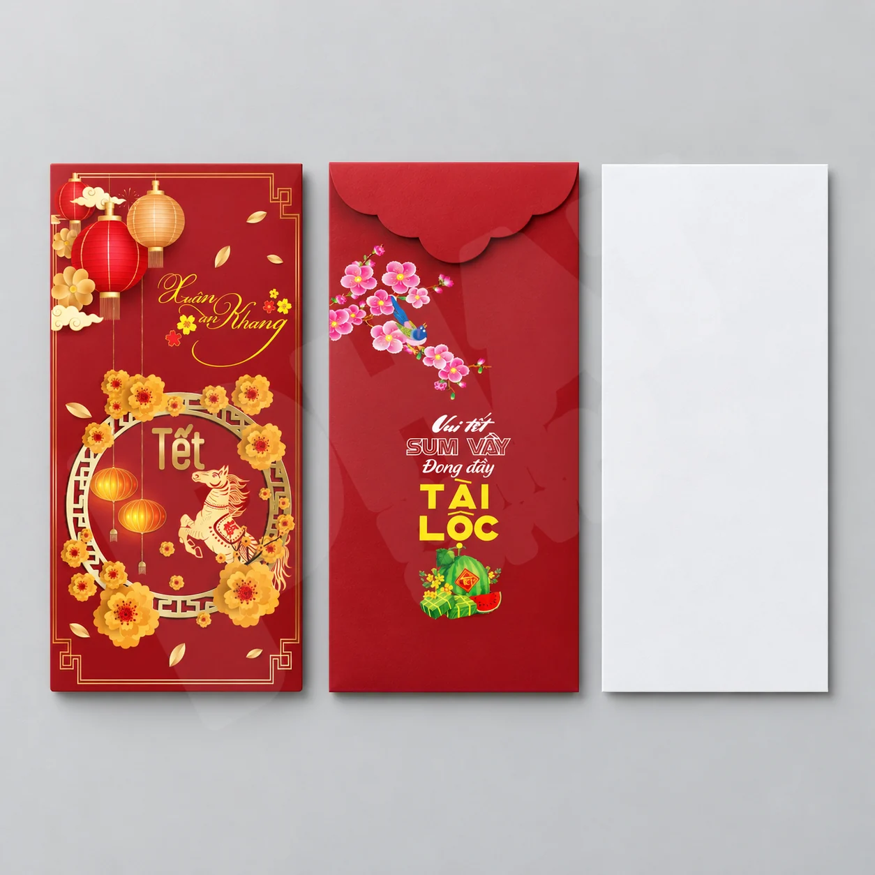 Bao lì xì mặt trước và mặt sau trên nền studio xám — minh họa in bao lì xì logo doanh nghiệp