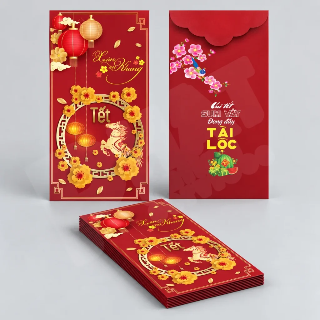 Bao lì xì mặt trước và mặt sau trên nền studio xám — minh họa in bao lì xì logo doanh nghiệp