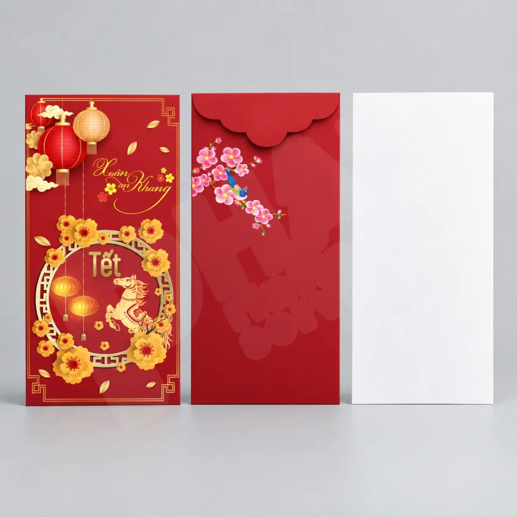 Bao lì xì mặt trước và mặt sau trên nền studio xám — minh họa kiểm tra file in bao lì xì