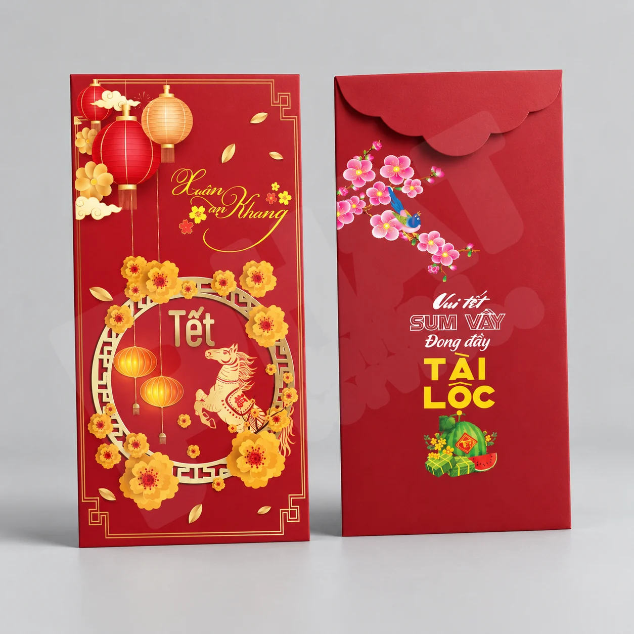 Bao lì xì mặt trước và mặt sau trên nền studio xám — minh họa bao lì xì ép kim