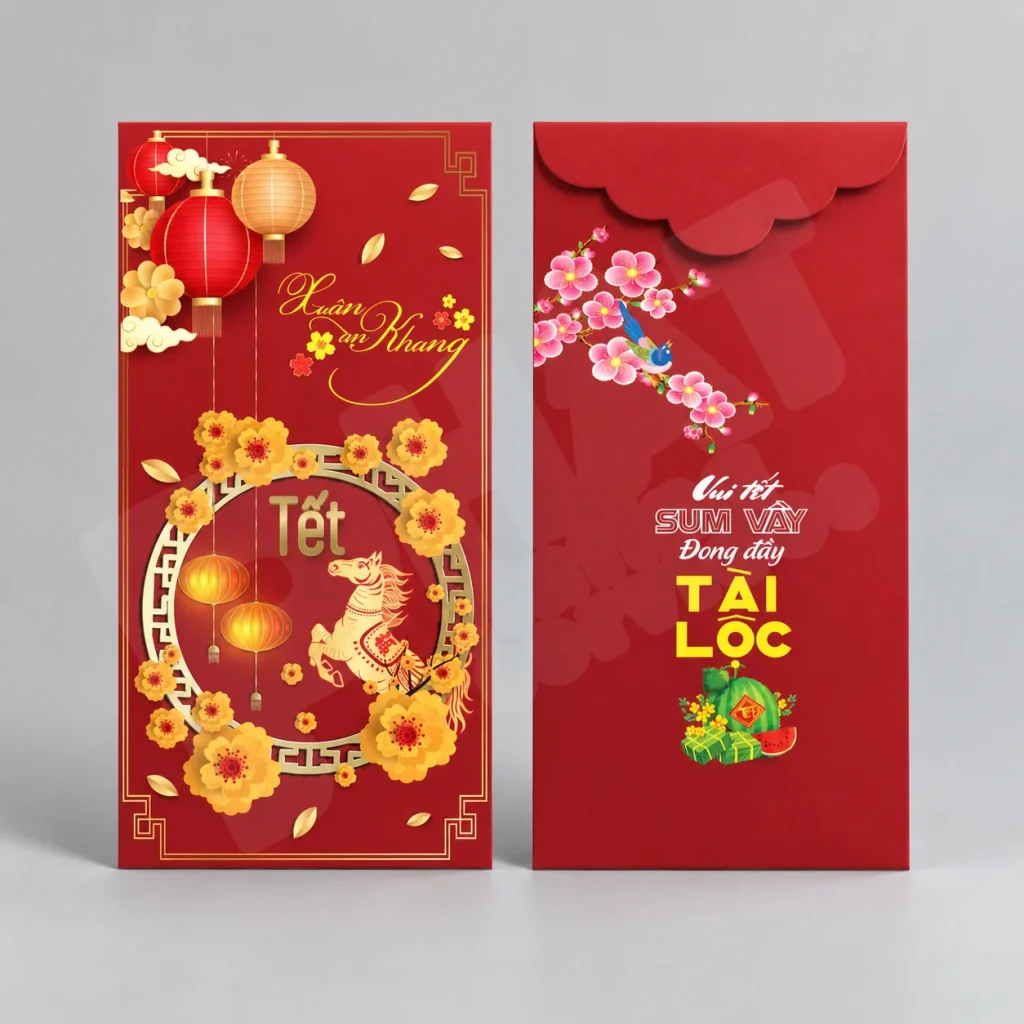 Bao lì xì mặt trước và mặt sau trên nền studio xám — minh họa bao lì xì ép kim