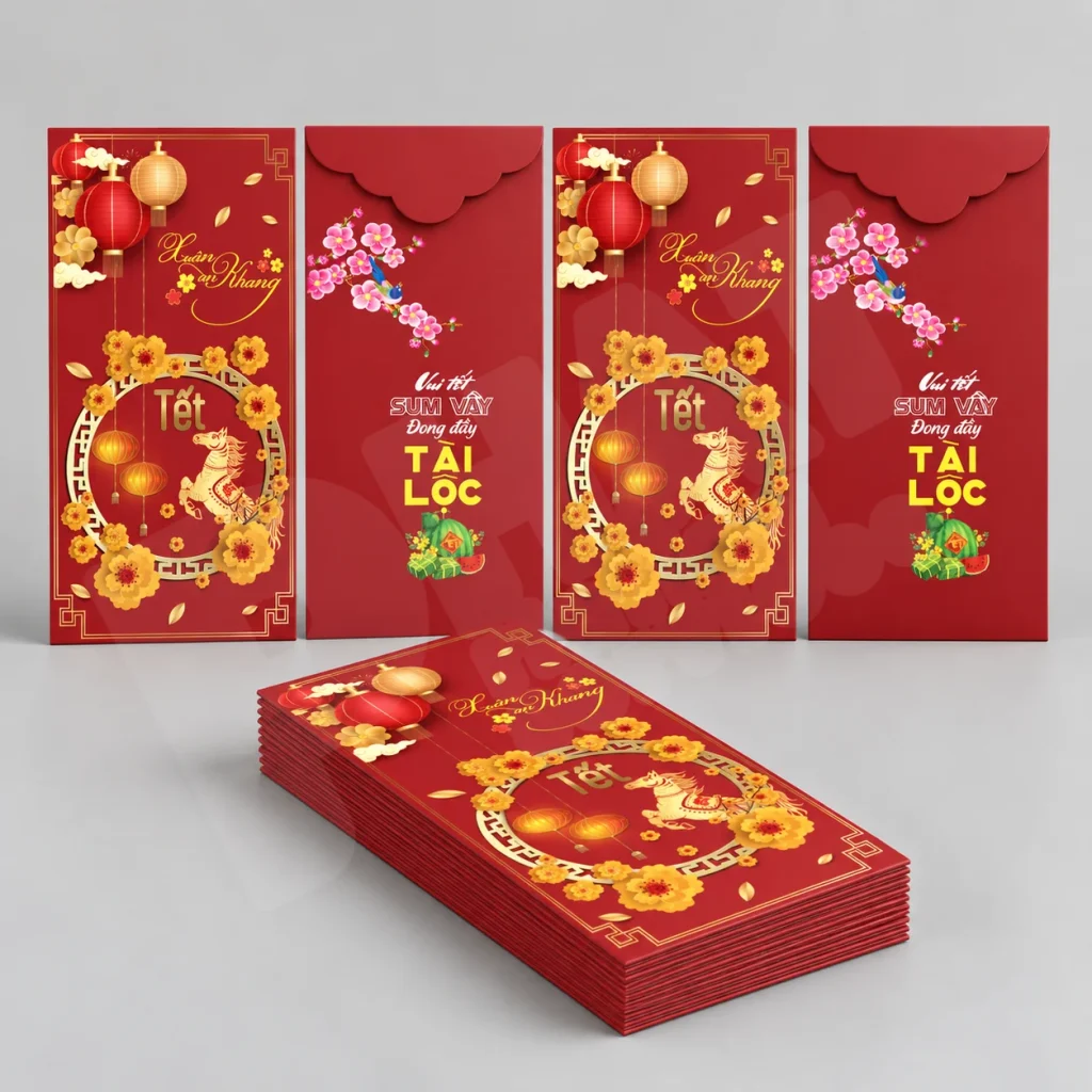Bao lì xì mặt trước và mặt sau trên nền studio xám — minh họa đặt in bao lì xì trước Tết