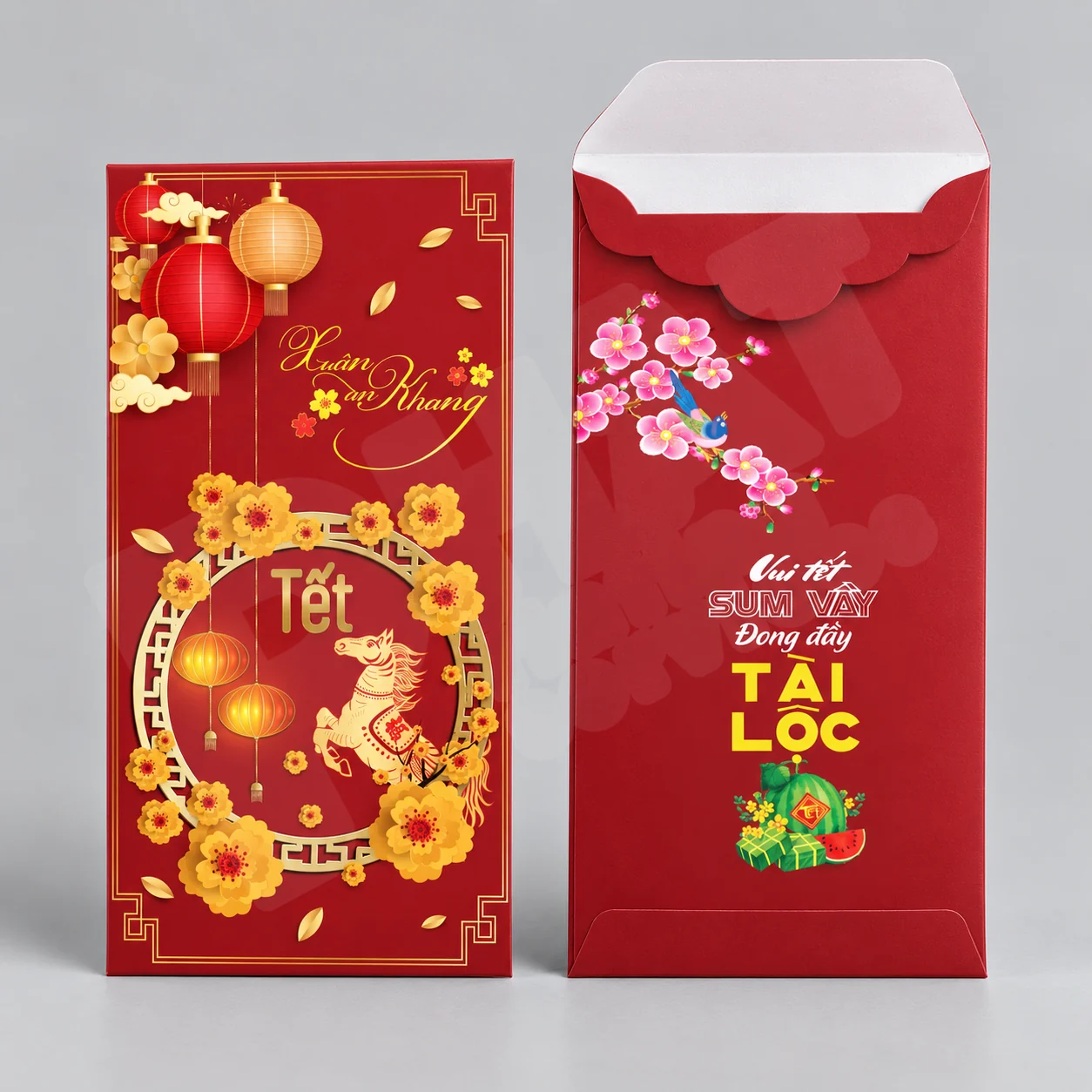 Bao lì xì mặt trước và mặt sau trên nền studio xám — minh họa kiểm tra chất lượng bao lì xì sau in
