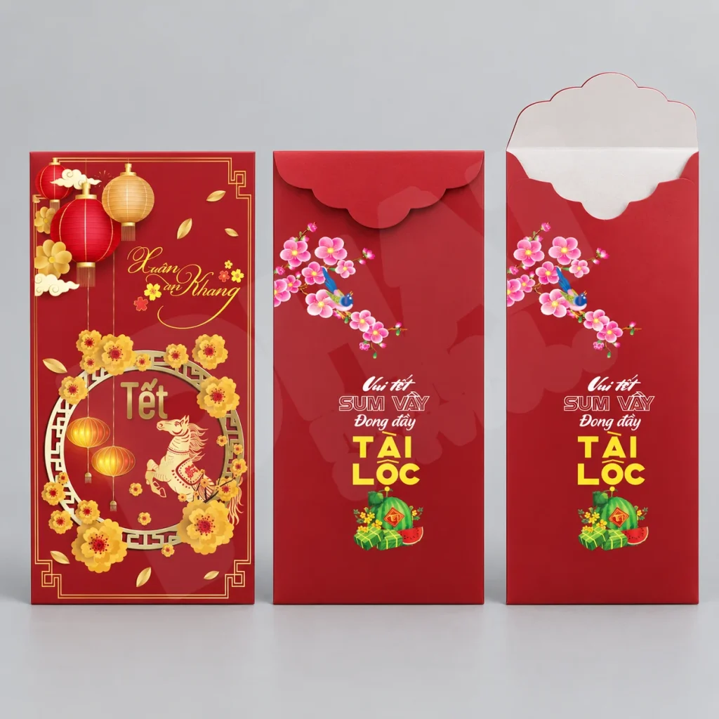 Bao lì xì mặt trước và mặt sau trên nền studio xám — minh họa kiểm tra chất lượng bao lì xì sau in