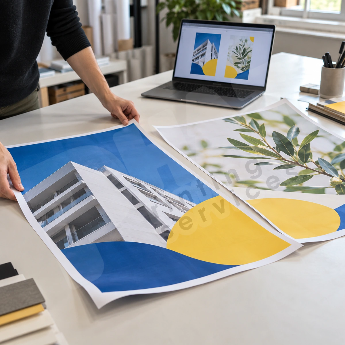 Hai mặt banner riêng và bản xem trước, render minh họa quản lý trang in