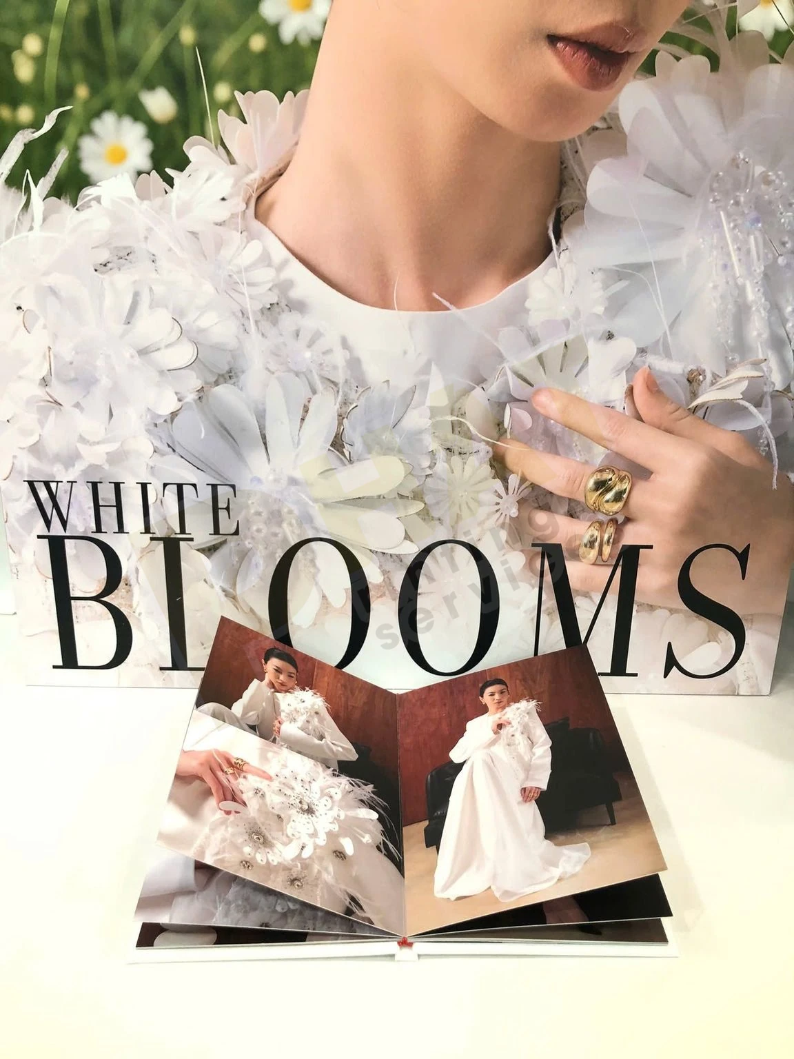 Cuốn photobook nhỏ mở ra ở trang ảnh, đặt trước tấm in chữ lớn và hoa giấy