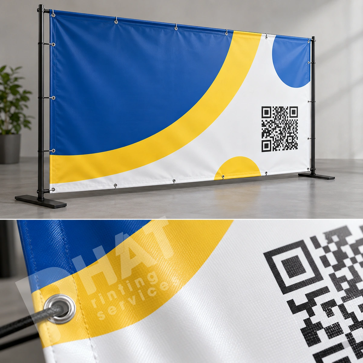 Ảnh render minh họa banner xanh vàng có hình QR và ô cận khoen, dây buộc, bề mặt in; QR chỉ minh họa, không phải mã hoạt động đã được kiểm chứng