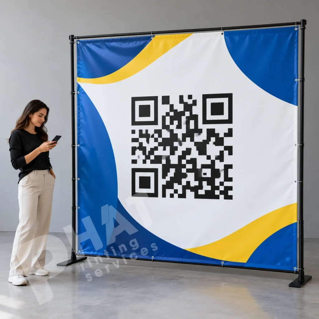 Ảnh render minh họa người cầm điện thoại đứng cạnh banner có hình QR lớn trên nền trắng; QR chỉ minh họa, không phải mã hoạt động đã được kiểm chứng
