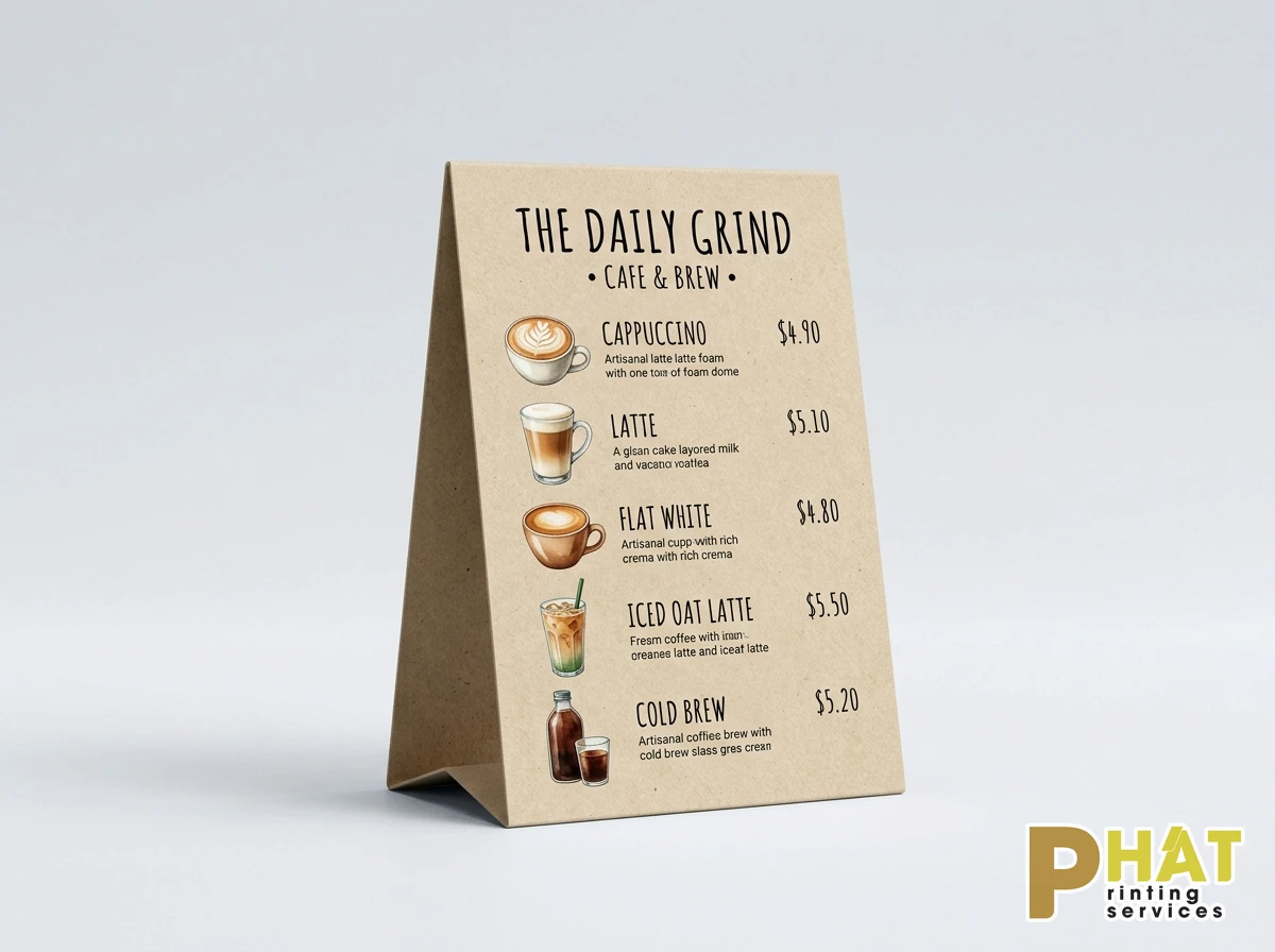 Tentcard để bàn quán cafe F&B in hình ảnh thức uống sống động bắt mắt