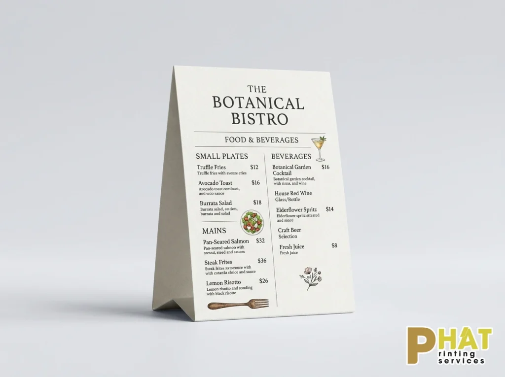 Tentcard Là Gì? Hướng Dẫn Thiết Kế Menu Để Bàn Chuẩn 1 Mẫu tentcard chữ A để bàn in menu nhà hàng quán ăn đứng vững chắc