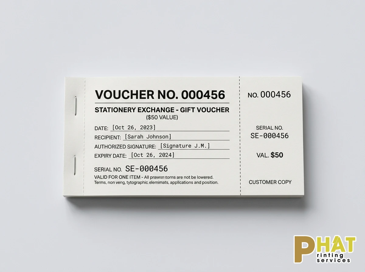 Voucher dạng cuốn đóng ghim cấn đường xé và đóng số nhảy liên tục