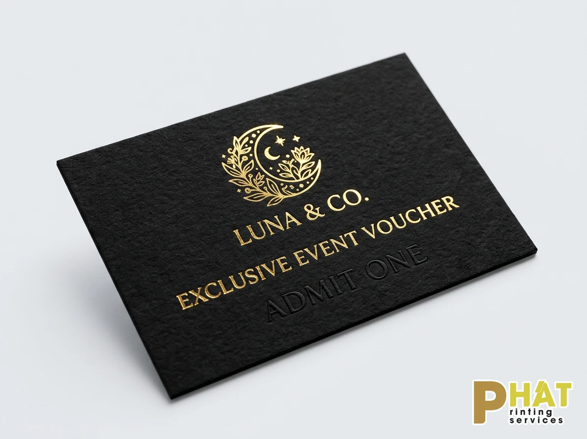 Gia công ép kim logo và dập nổi trên ấn phẩm voucher cao cấp