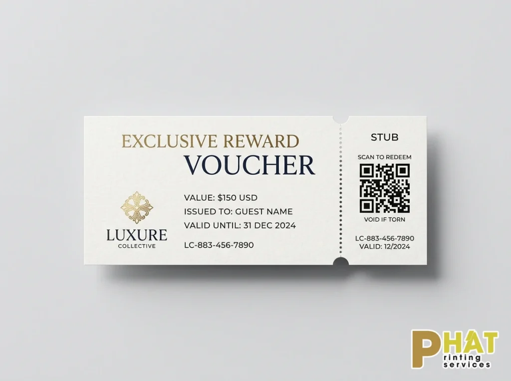 Mẫu in voucher giảm giá có đường rãnh xé răng cưa và mã QR chuẩn đẹp tại Nhà in Phát
