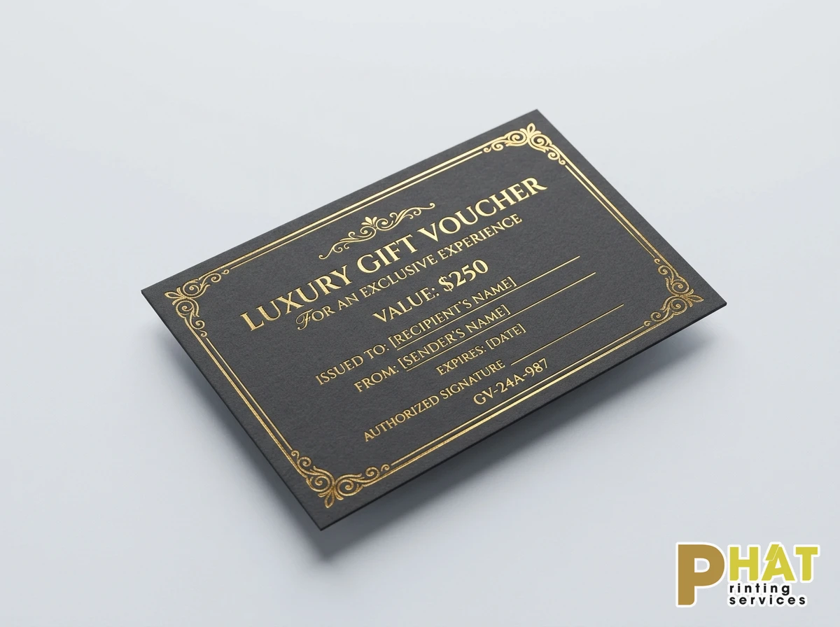 Mẫu gift voucher thẻ quà tặng ép kim vàng sang trọng trên giấy mỹ thuật đen