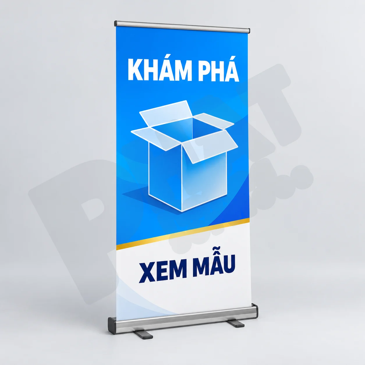 Minh họa in standee ra mắt sản phẩm dạng hộp cuốn với lời mời xem mẫu