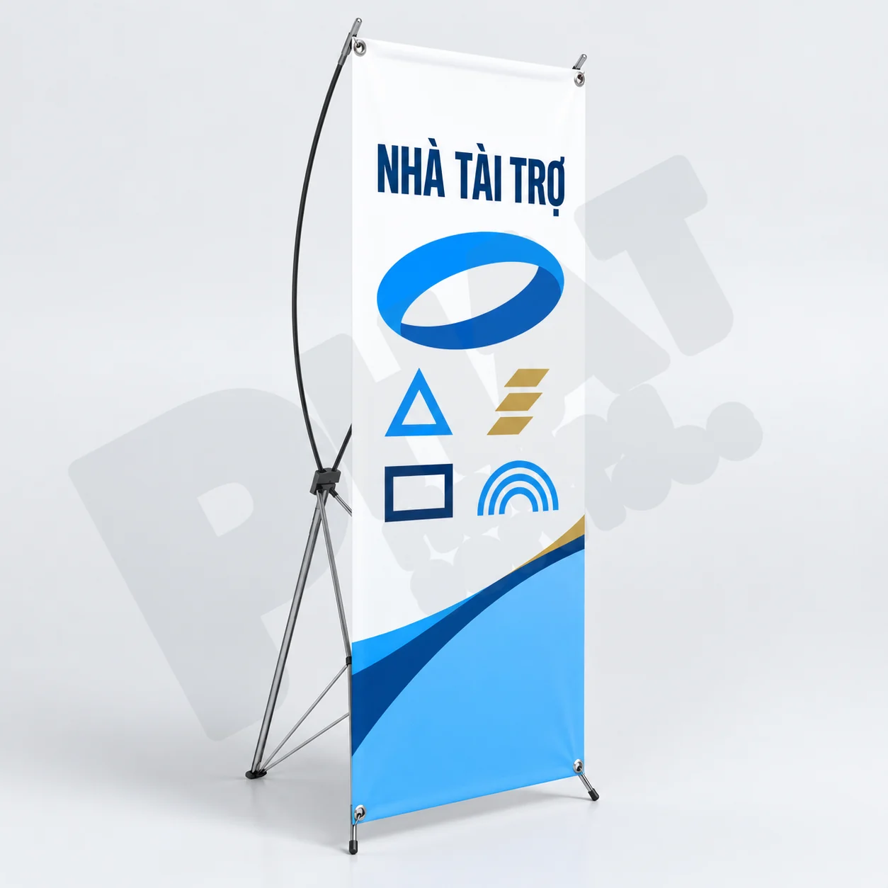 In standee nhà tài trợ sự kiện: quản lý logo và phiên bản được duyệt 2 Minh họa in standee nhà tài trợ với các nhóm nhận diện trên tấm chữ X