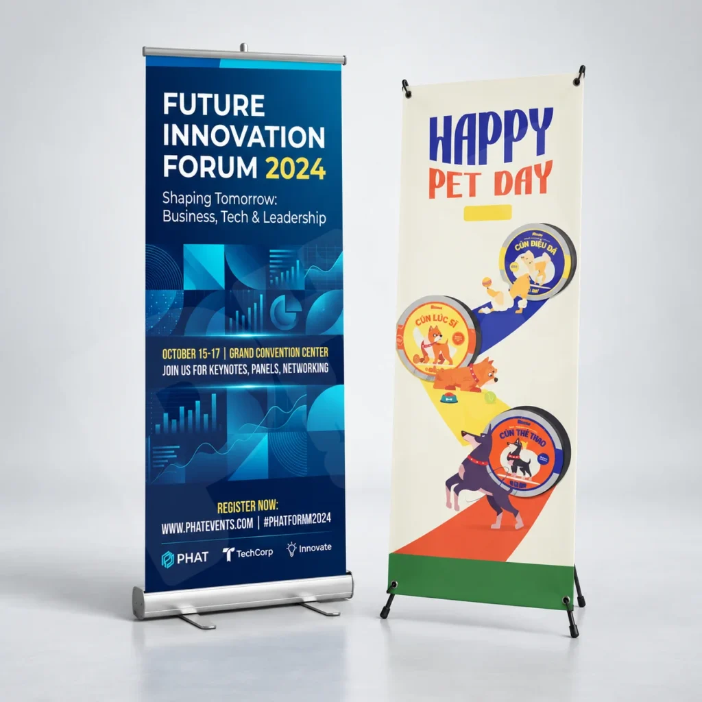 Minh họa standee chữ X và hộp cuốn với cách gắn tấm khác nhau