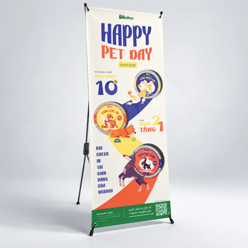 Minh họa thành phẩm standee chữ X để đối chiếu nội dung và bốn góc gắn