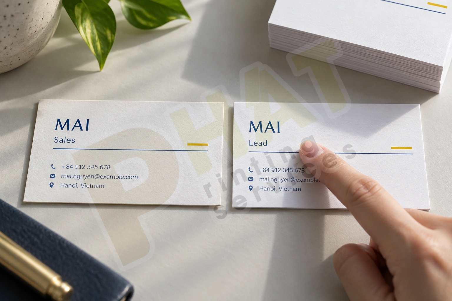 In Lại Danh Thiếp Khi Đổi Thông Tin: Chốt Bản Mới Và Quản Lý Tồn Cũ 2 Cận hai mẫu danh thiếp MAI với chức danh Sales và Lead, ngón tay chỉ phần chức danh