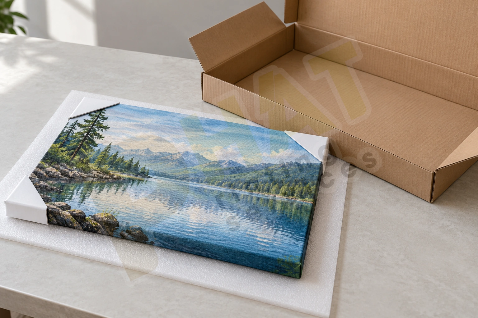 Tranh Canvas đặt trên lớp bảo vệ, có bảo vệ góc và hộp carton bên cạnh