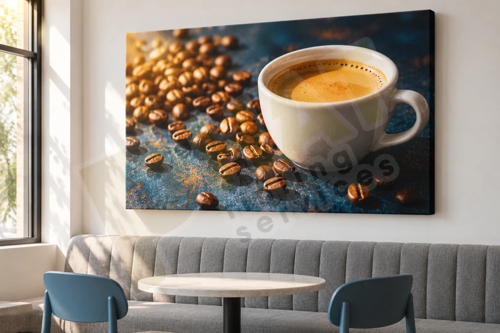 Tranh Canvas hình tách cafe và hạt cafe treo phía trên ghế dài trong không gian quán